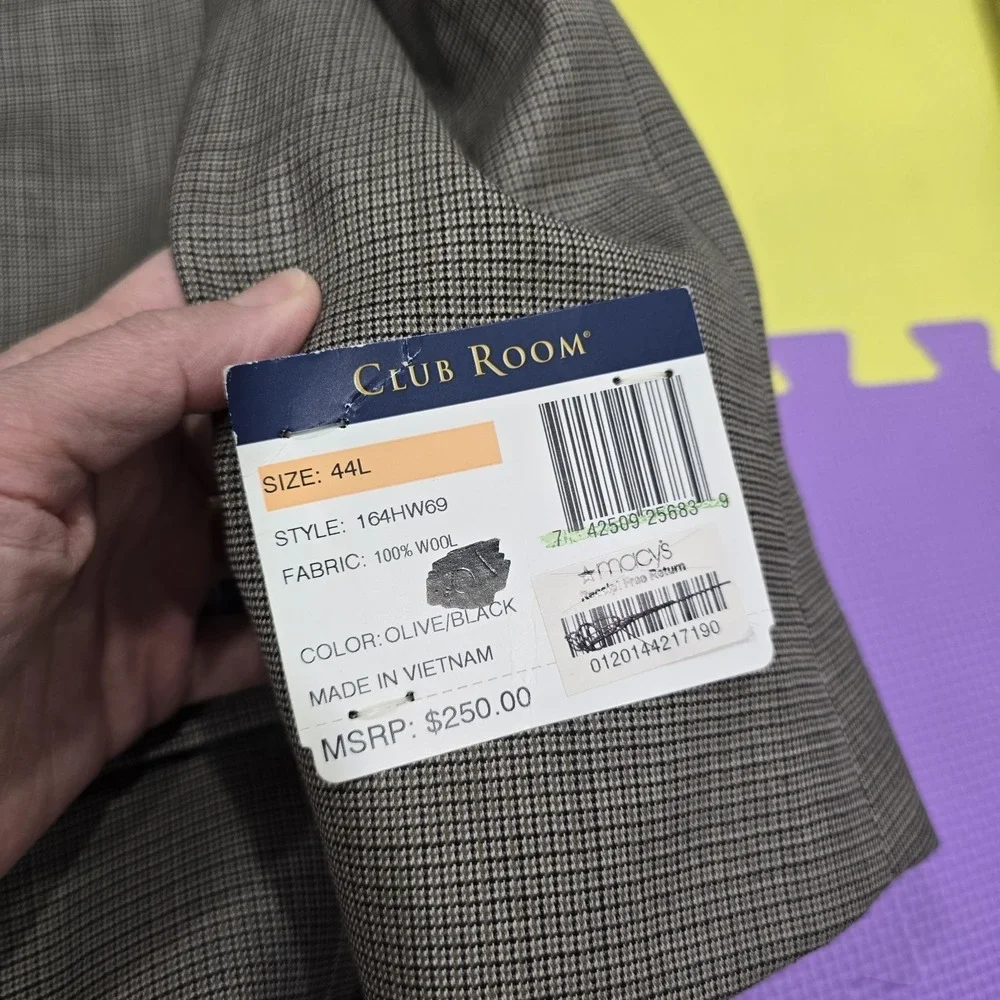Club Room Sport Coat Men's 44L Olive Black Micro-Check 100% Pure Wool 2-Button‎
